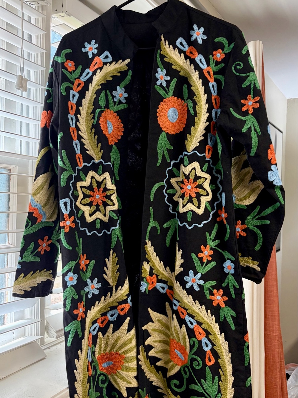 Custom Handcrafted Embroidered Bohemian-Style Open-Front Duster Jacket